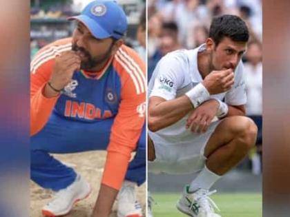 Rohit Sharma-Novak Djokovic T20 World Cup recreates iconic 'grass-eating' celebration WATCH see video NO WORDS TO DESCRIBE THIS EMOTION, THIS FEELING | Rohit Sharma-Novak Djokovic T20 World Cup: मिट्टी उठा कर अपनी जीभ पर..., जोकोविच की राह पर हिटमैन रोहित, देखें वायरल वीडियो, फैंस बोले-आपका जवाब नहीं...