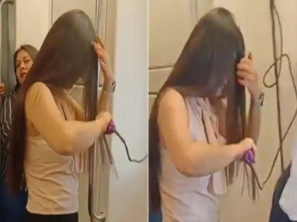 Viral video Girl seen using hair straightener in Delhi Metro | वायरल वीडियो: दिल्ली मेट्रो में हेयर स्ट्रेटनर का इस्तेमाल करती दिखी लड़की, इंटरनेट पर आई ऐसी प्रतिक्रियाएं
