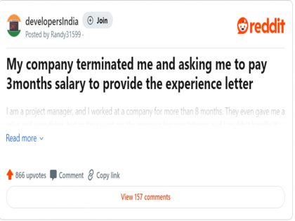 For experience letter company asked employee for 3 months salary also threatened him victim shared matter on Reddit | Experience Letter देने के लिए कंपनी ने कर्मचारी से मांगी 3 महीने की सैलरी, धमकी भी दी, पीड़ित ने Reddit पर शेयर किया मामला