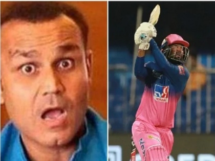 Tewatia mein Mata aa gayi Virender Sehwag hilariously reacts to RR batsman six-hitting | IPL 2020: कॉटरेल के एक ही ओवर में जड़े 5 छक्के, सहवाग बोले- राहुल तेवतिया में माता आ गई