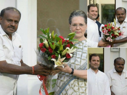 Karnataka CM designate HD Kumaraswamy met Sonia Gandhi and Congress President Rahul Gandhi in New Delhi | दिल्ली में कुमारस्वामी ने की सोनिया-राहुल से मुलाकात, बुधवार को लेंगे शपथ