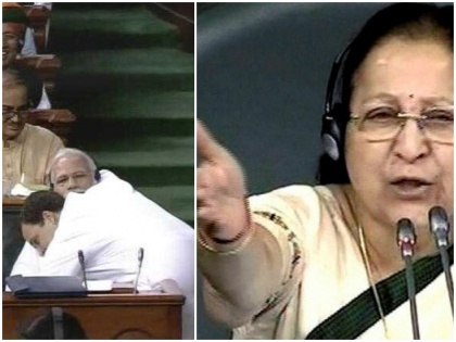 Sumitra Mahajan Scold Rahul Gandhi for hug in Parliament, no-confidence motion | 'राहुल की झप्पी' पर लोकसभा अध्यक्ष की फटकार, बोलीं- राहुल गांधी बेटे जैसे हैं लेकिन...