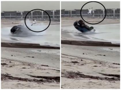 Viral Video: The car overturned several times at high speed on the beach, the driver jumped in the air like a football, the incident was recorded on camera | Viral Video: समुद्री तट पर तेज रफ्तार में कार कई बार पलटी, ड्राइवर फुटबॉल की तरह हवा में उछला, कैमरे में रिकॉर्ड घटना