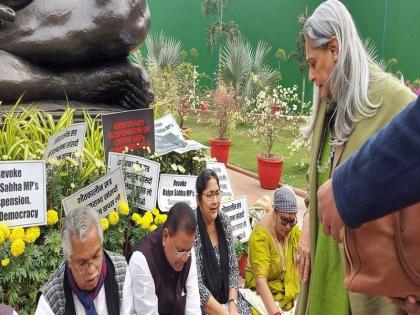 suspended MP shows unity sp jaya bachchan bring cheese rolls gandhi statue parliament premises | निलंबित सांसदों ने दिखाई एकता, विरोध स्थल पर मना रहे "पिकनिक"; कोई ला रहा पनीर रोल तो कोई इडली सांबर 
